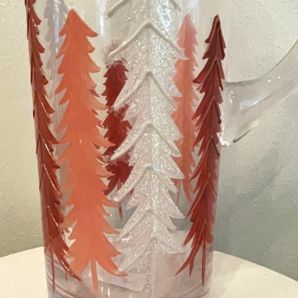 Hand-Painted Glass Pitcher Pink and White Christmas Pine Tree Forest New RARE - Picture 13 of 16